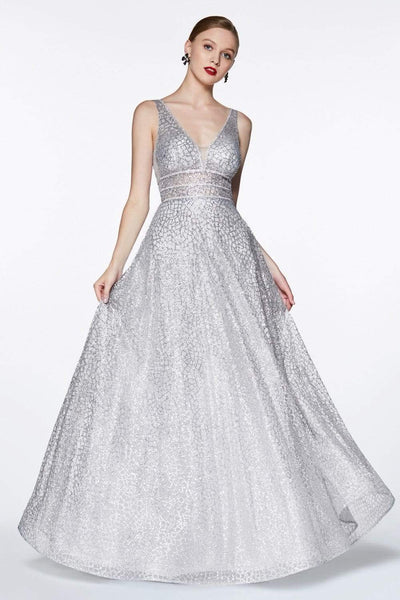 Cinderella Divine - CJ256 V-Neck Glitter Print A-Line Prom Gown Prom Dresses 2 / Silver