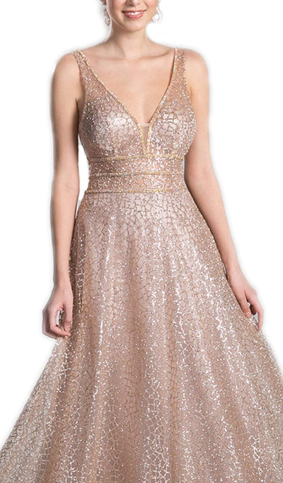 Cinderella Divine - CJ256 V-Neck Glitter Print A-Line Prom Gown Prom Dresses