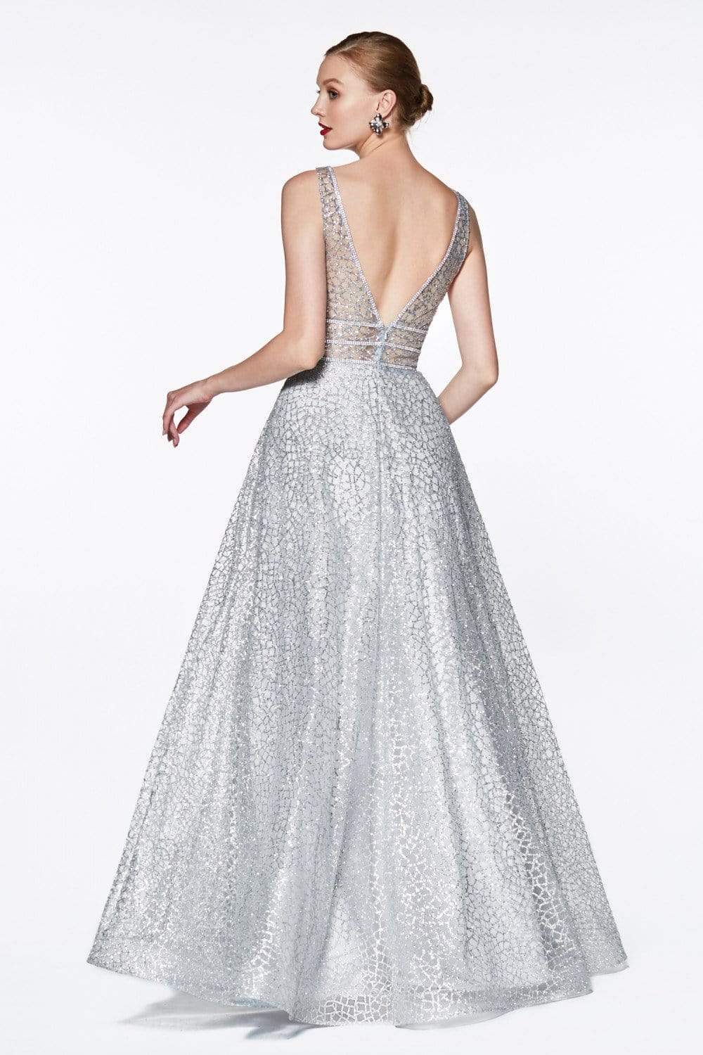 Cinderella Divine - CJ256 V-Neck Glitter Print A-Line Prom Gown Prom Dresses