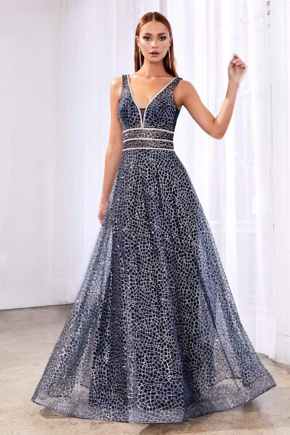 Cinderella Divine - CJ256 V-Neck Glitter Print A-Line Prom Gown Prom Dresses