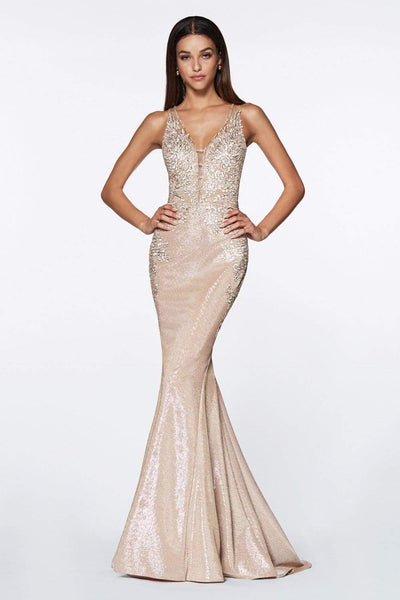 Cinderella Divine - CJ504 Plunging Floral Motif Metallic Mermaid Gown Special Occasion Dress 2 / Champagne