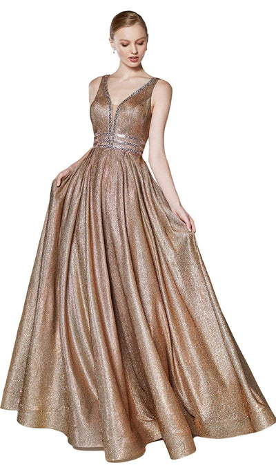 Cinderella Divine - CJ505 Plunging V-Neck Pleated A-Line Gown Special Occasion Dress 2 / Copper