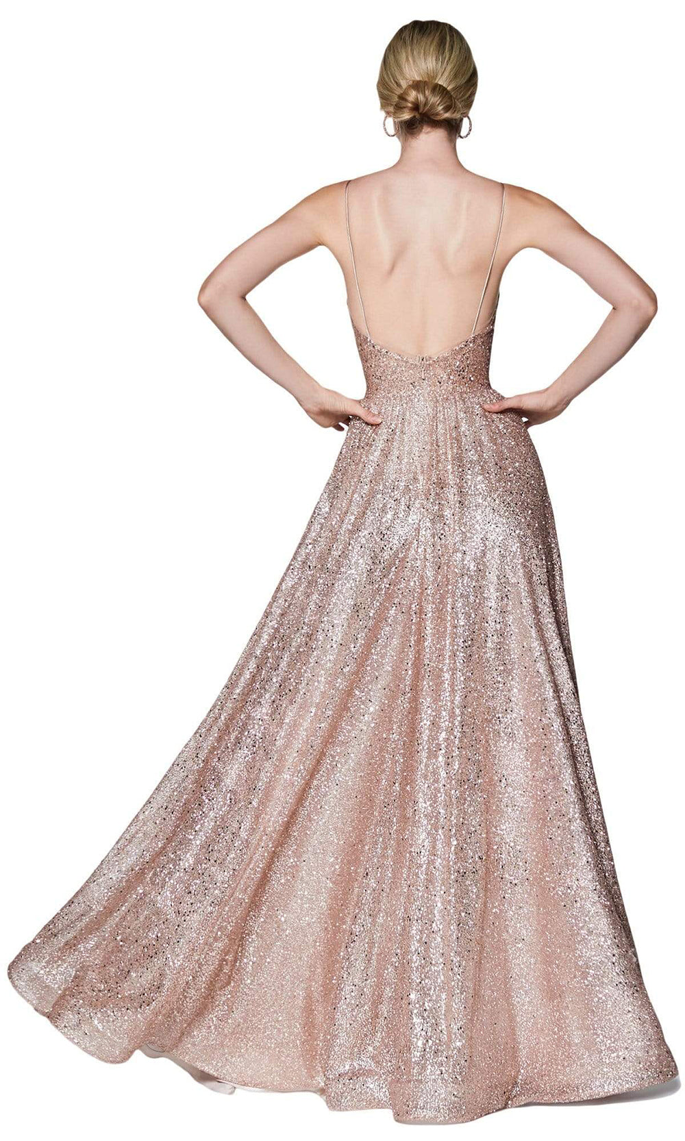 Cinderella Divine - Glitter Spaghetti Strap High Slit Gown CJ510SC In Pink