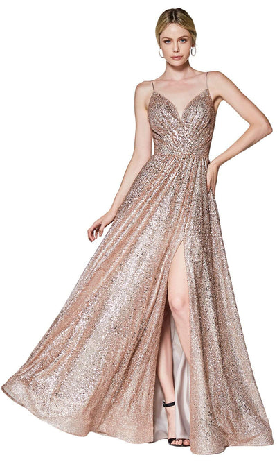 Cinderella Divine - Glitter Spaghetti Strap High Slit Gown CJ510SC In Pink