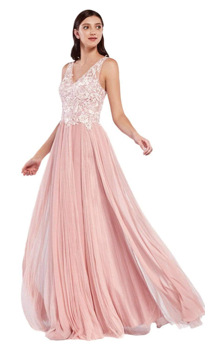 Cinderella Divine - CJ528 Lace V-neck Tulle A-line Gown Evening Dresses 2 / Blush