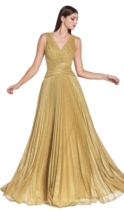 Cinderella Divine - CJ530 Long Pleated Metallic A-Line Dress Prom Dresses 2 / Gold