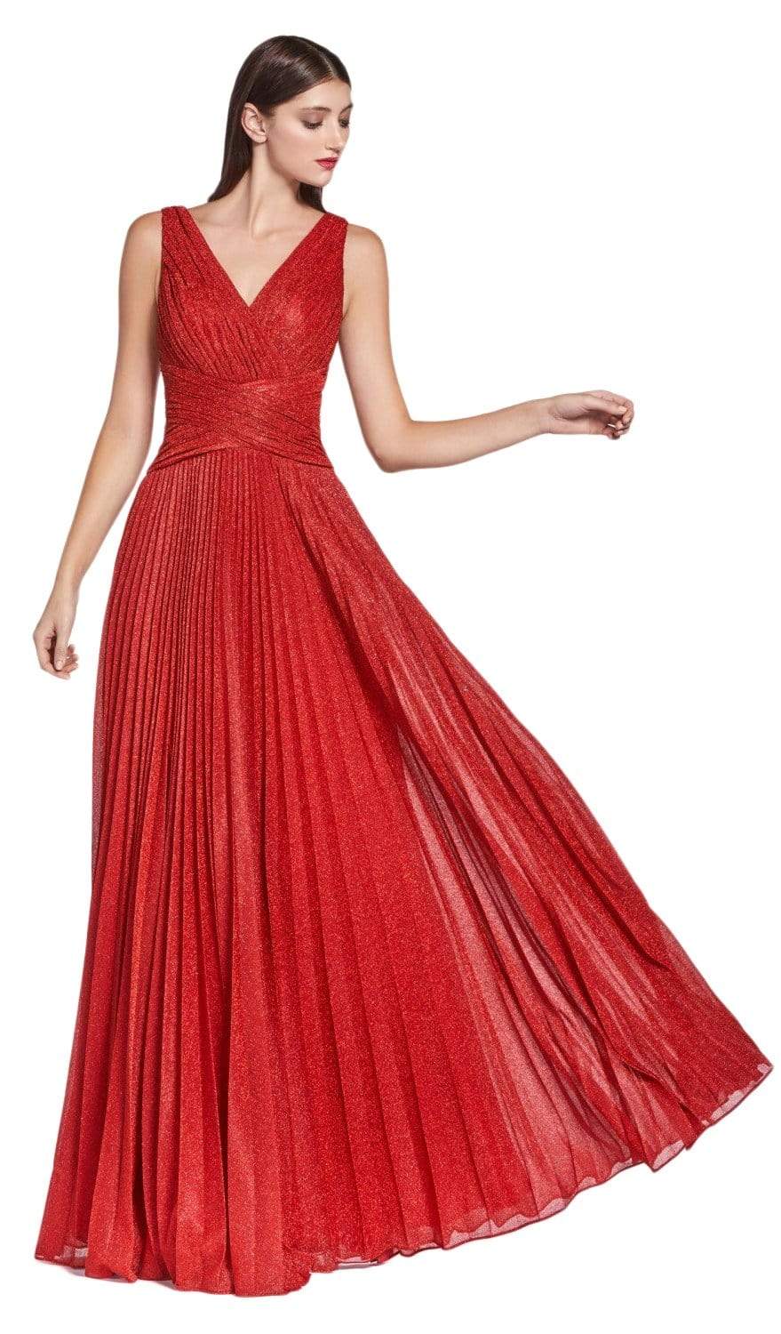 Cinderella Divine - CJ530 Long Pleated Metallic A-Line Dress Prom Dresses 2 / Red