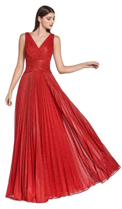 Cinderella Divine - CJ530 Long Pleated Metallic A-Line Dress Prom Dresses 2 / Red