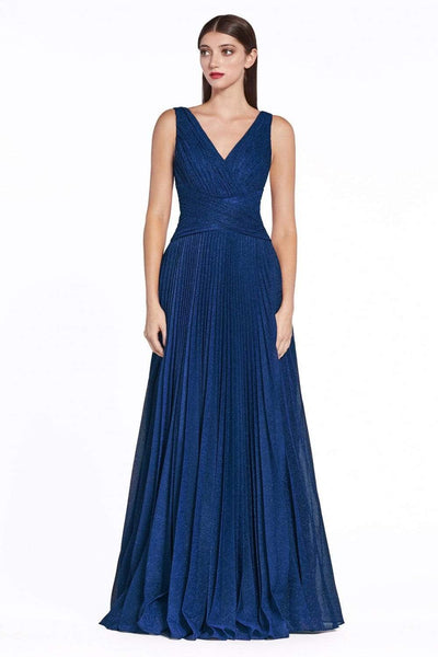 Cinderella Divine - CJ530 Long Pleated Metallic A-Line Dress Prom Dresses 2 / Royal
