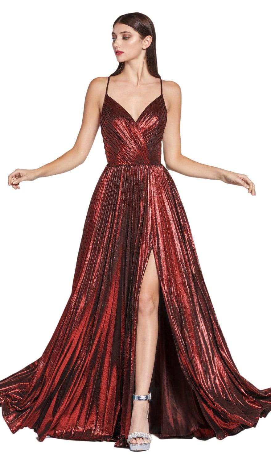 Cinderella Divine - CJ531 Plunging V-neck Pleated A-line Dress Prom Dresses 2 / Burgundy