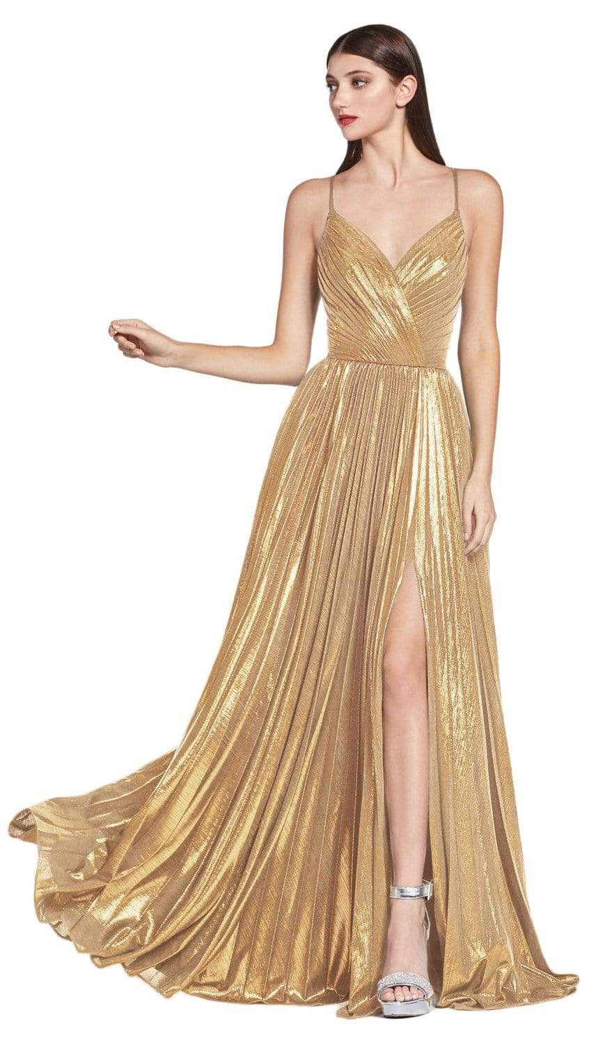 Cinderella Divine - CJ531 Plunging V-neck Pleated A-line Dress Prom Dresses 2 / Gold