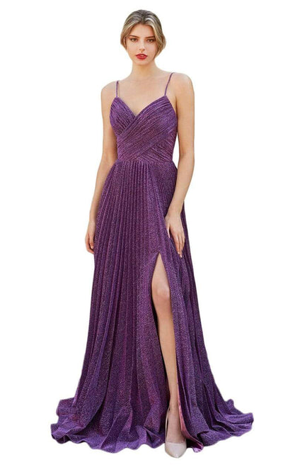 Cinderella Divine - V Neck Pleated Metallic A-Line Dress CJ534 - 2 pc Eggplant In Size 6 and 12 Available CCSALE