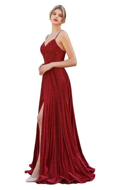 Cinderella Divine - CJ534 Long Pleated Metallic High Slit Dress Bridesmaid Dresses 2 / Red