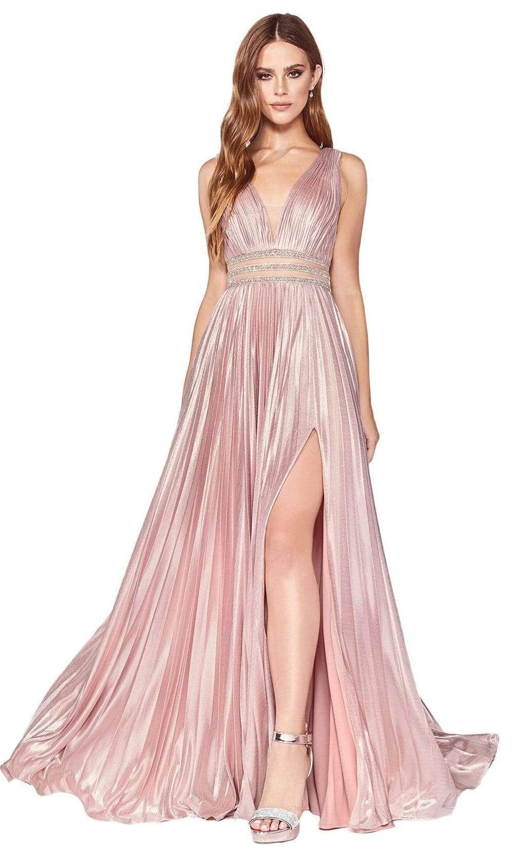 Cinderella Divine - CJ537 Deep V-neck Beaded A-line Gown Prom Dresses 2 / Blush