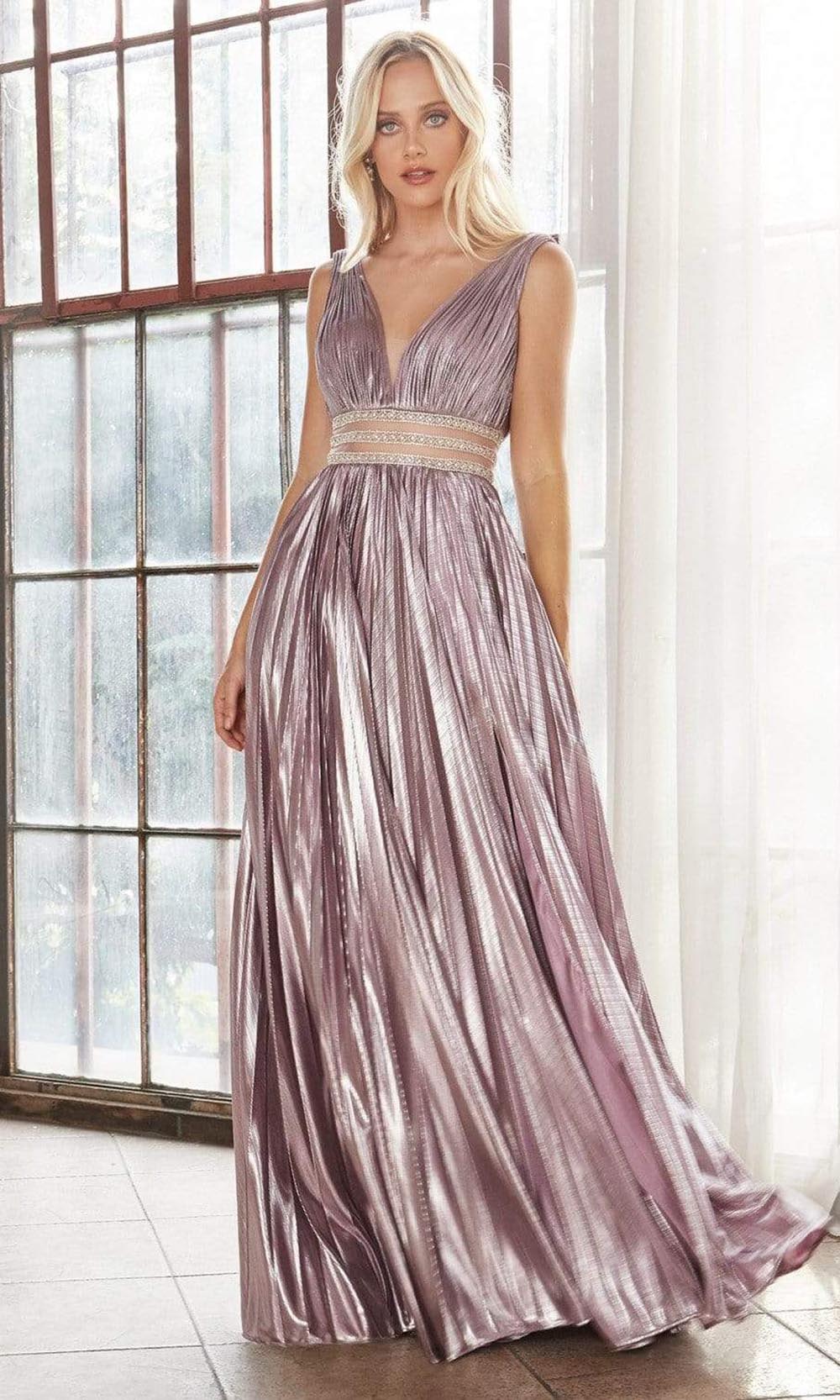 Cinderella Divine - Plunging V-Neck Pleated High Slit Gown CJ537SC In Purple