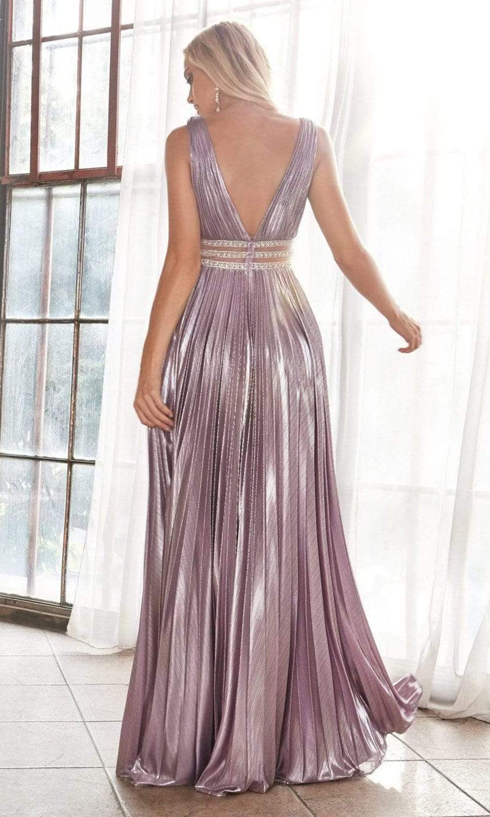 Cinderella Divine - Plunging V-Neck Pleated High Slit Gown CJ537SC In Purple