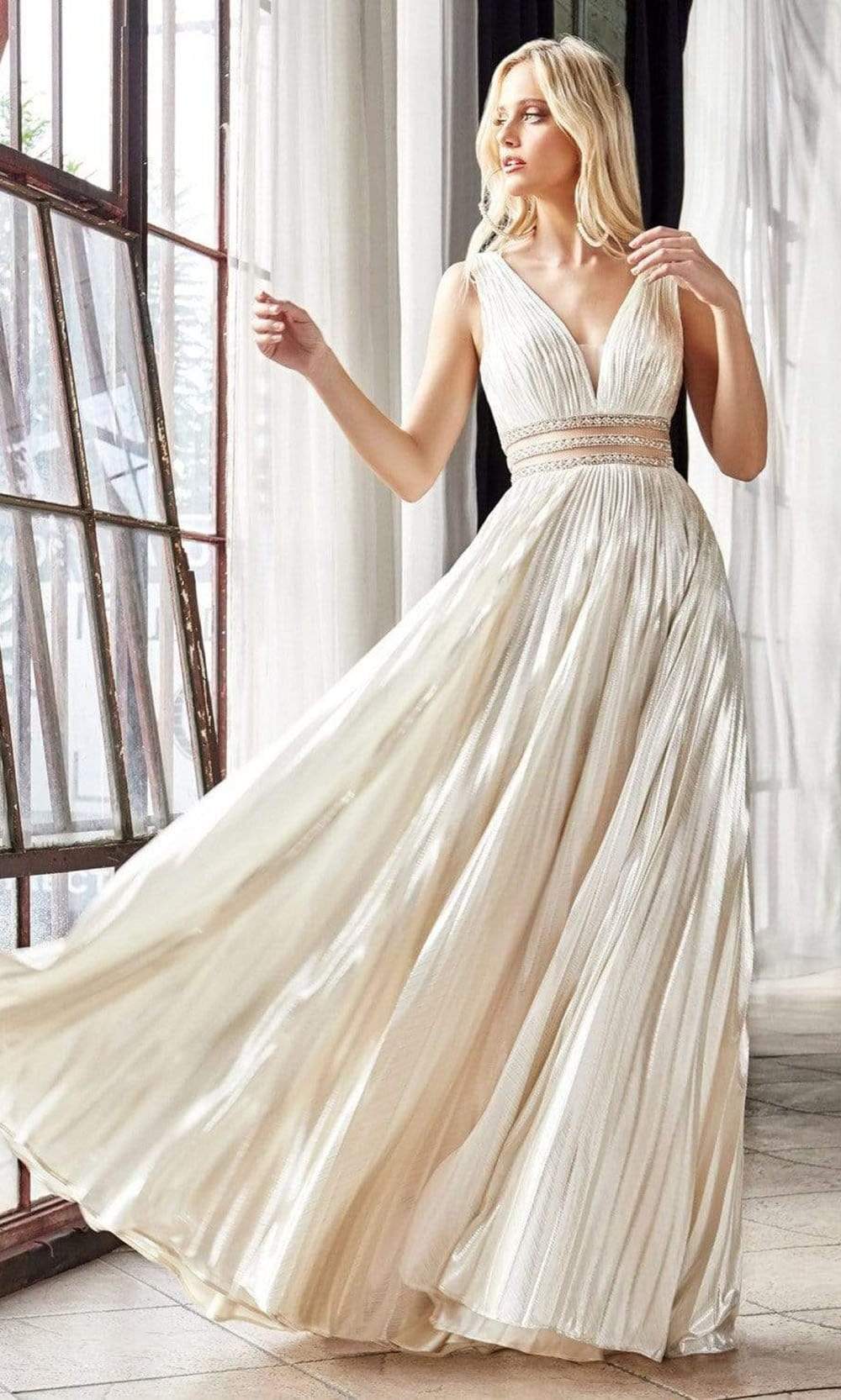 Cinderella Divine - CJ537 Deep V-neck Beaded A-line Gown Prom Dresses