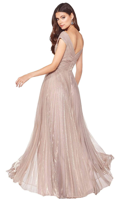 Cinderella Divine - Shirred V-Neck Metallic A-line Dress CJ539SC In Pink