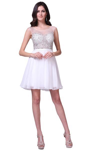 Cinderella Divine - CJ90S Sheer Illusion Neckline Beaded Chiffon Cocktail Dress - 1 pc Off White In Size 8 Available CCSALE 8 / Off White