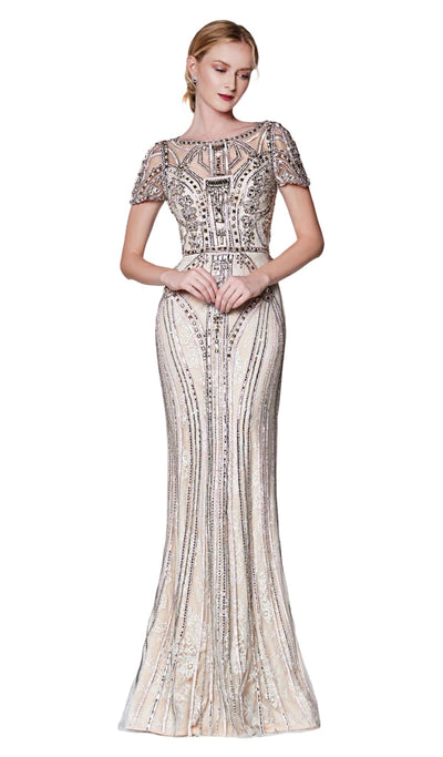 Cinderella Divine - CK865 Illusion Short Sleeve Art Deco Lace Gown Special Occasion Dress 2 / Silver