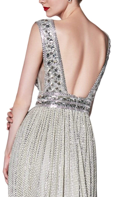 Cinderella Divine - CK892 Plunging Geo-Beaded Bodice High Slit Gown Special Occasion Dress