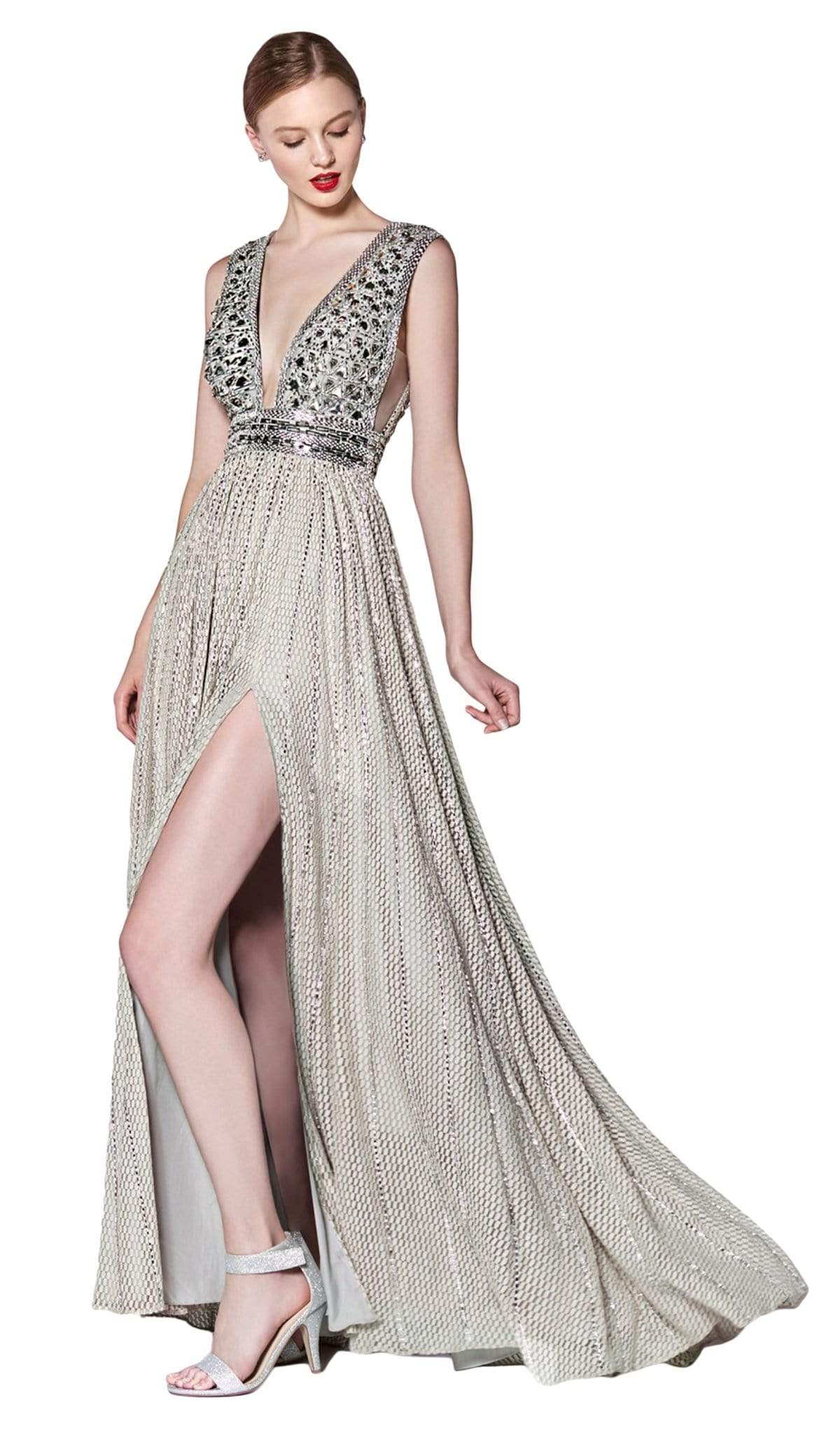 Cinderella Divine - CK892 Plunging Geo-Beaded Bodice High Slit Gown Special Occasion Dress 2 / Silver