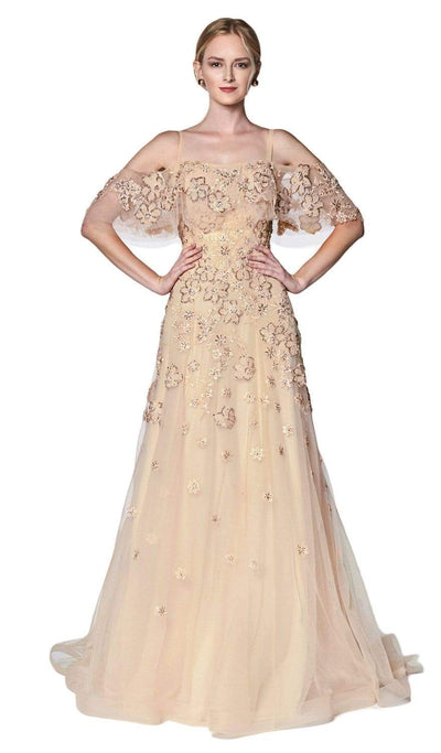 Cinderella Divine - CK896 Floral Embellished Off-Shoulder A-line Gown Evening Dresses 2 / Gold