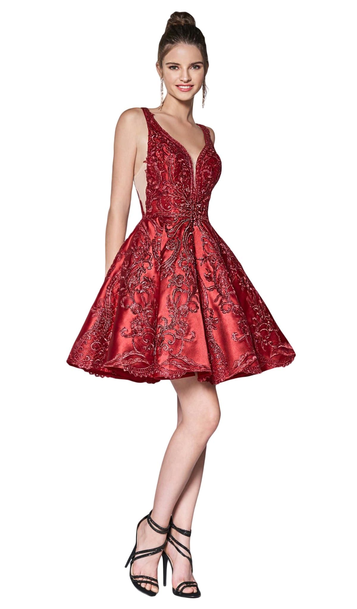 Cinderella Divine - CM302 Embroidered Plunging Sweetheart A-Line Dress Special Occasion Dress 2 / Burgundy