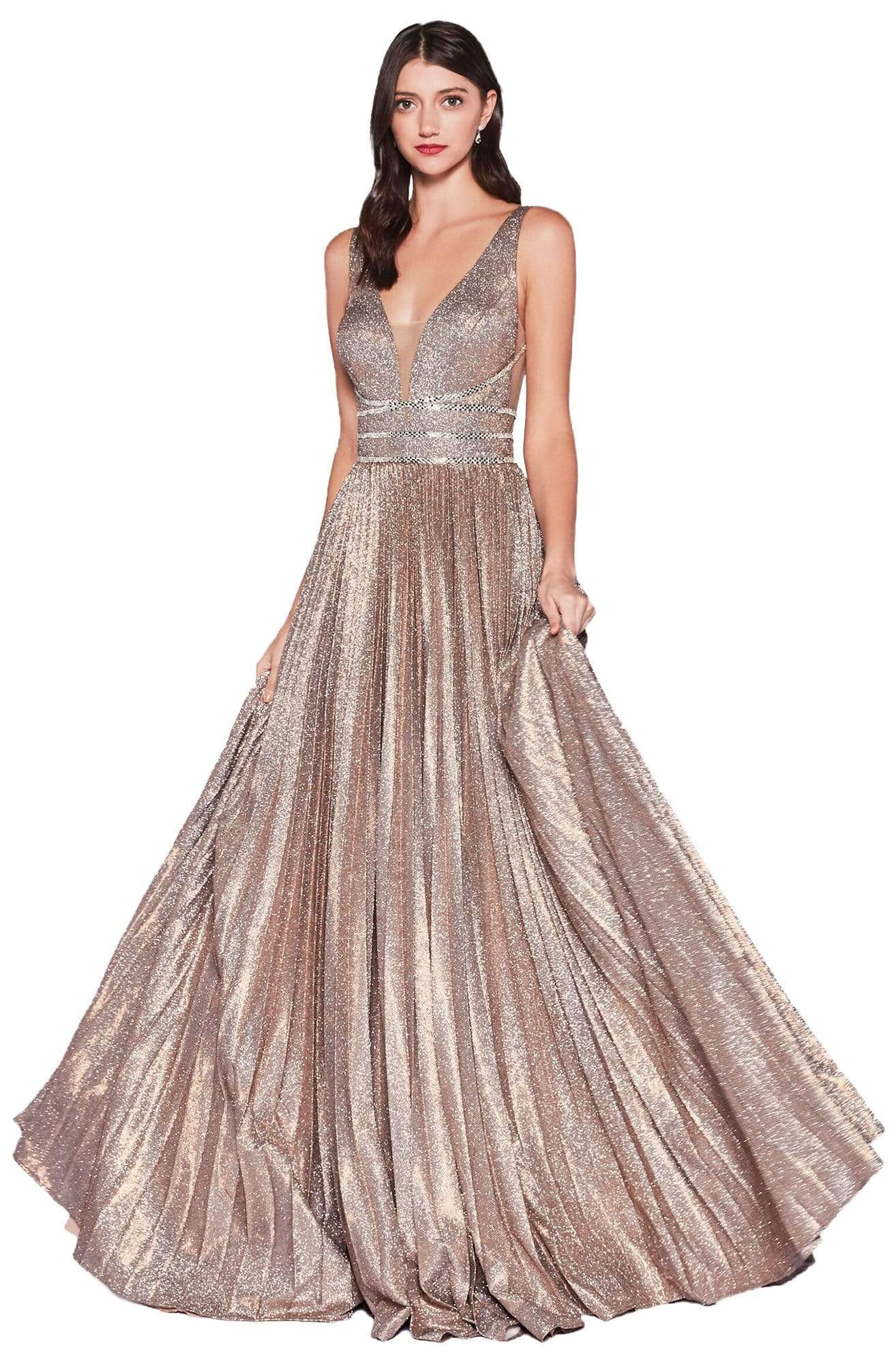 Cinderella Divine - CM9061 Long Plunge Bodice Glitter Dress Evening Dresses 2 / Copper