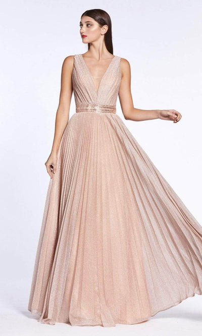 Cinderella Divine - V-Neck and Back Pleated Metallic Finish A-line Gown CM9086SC In Pink and Neutral
