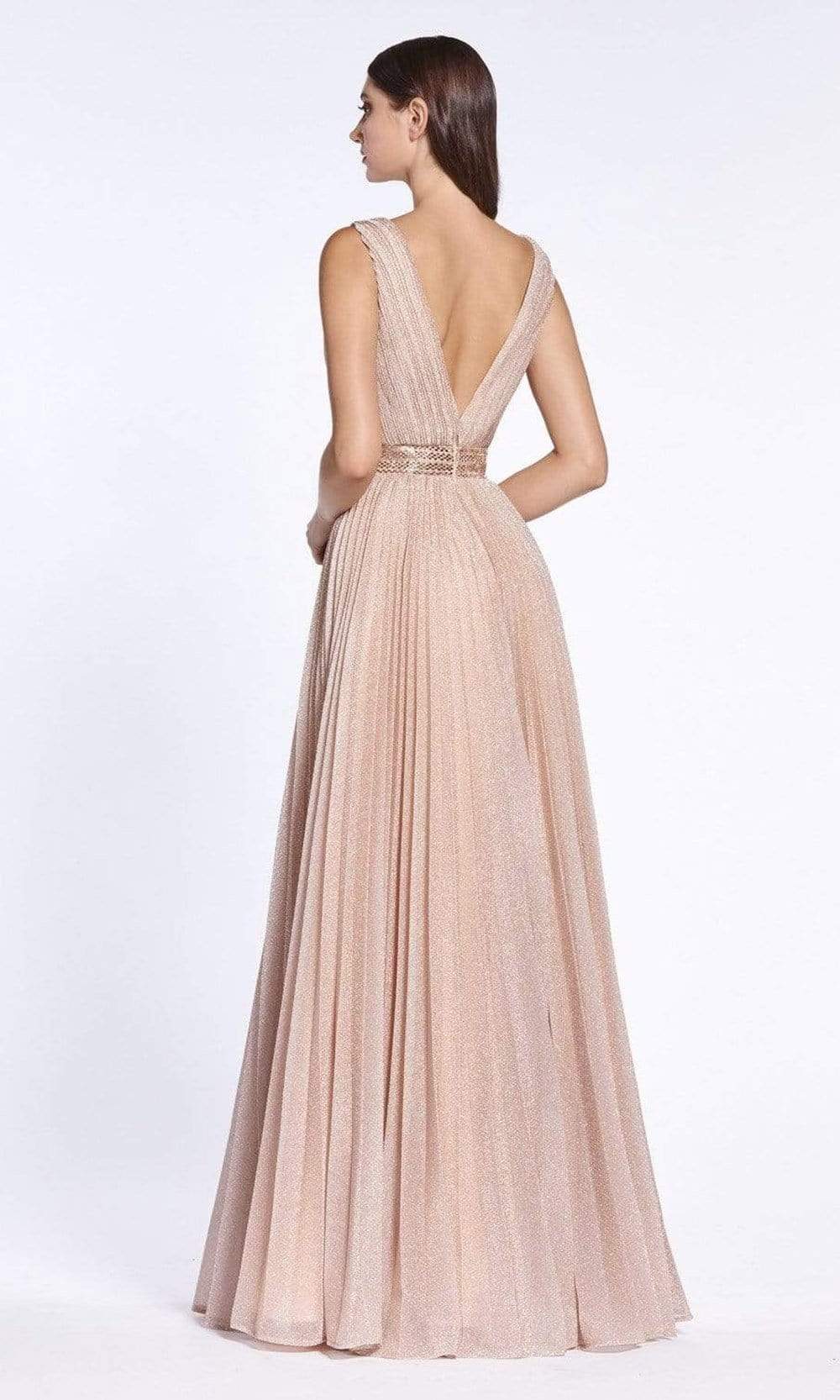 Cinderella Divine - V-Neck and Back Pleated Metallic Finish A-line Gown CM9086SC In Pink and Neutral