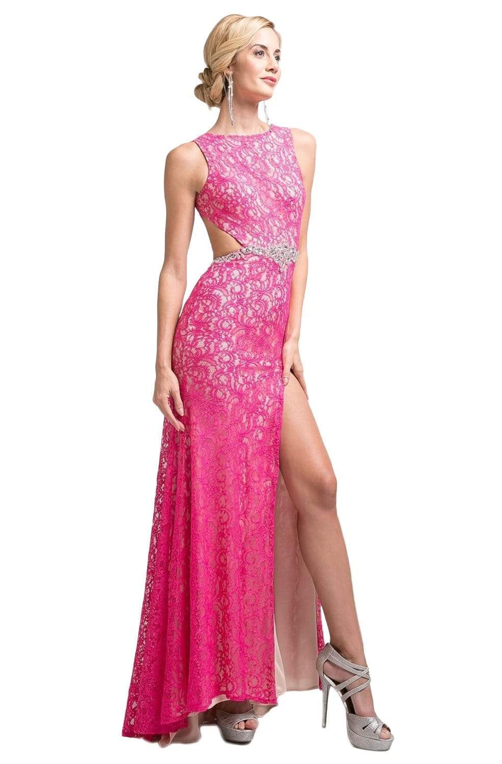 Cinderella Divine - CP807 Lace Jewel Neck Sheath Dress Evening Dresses 2 / Hot Pink