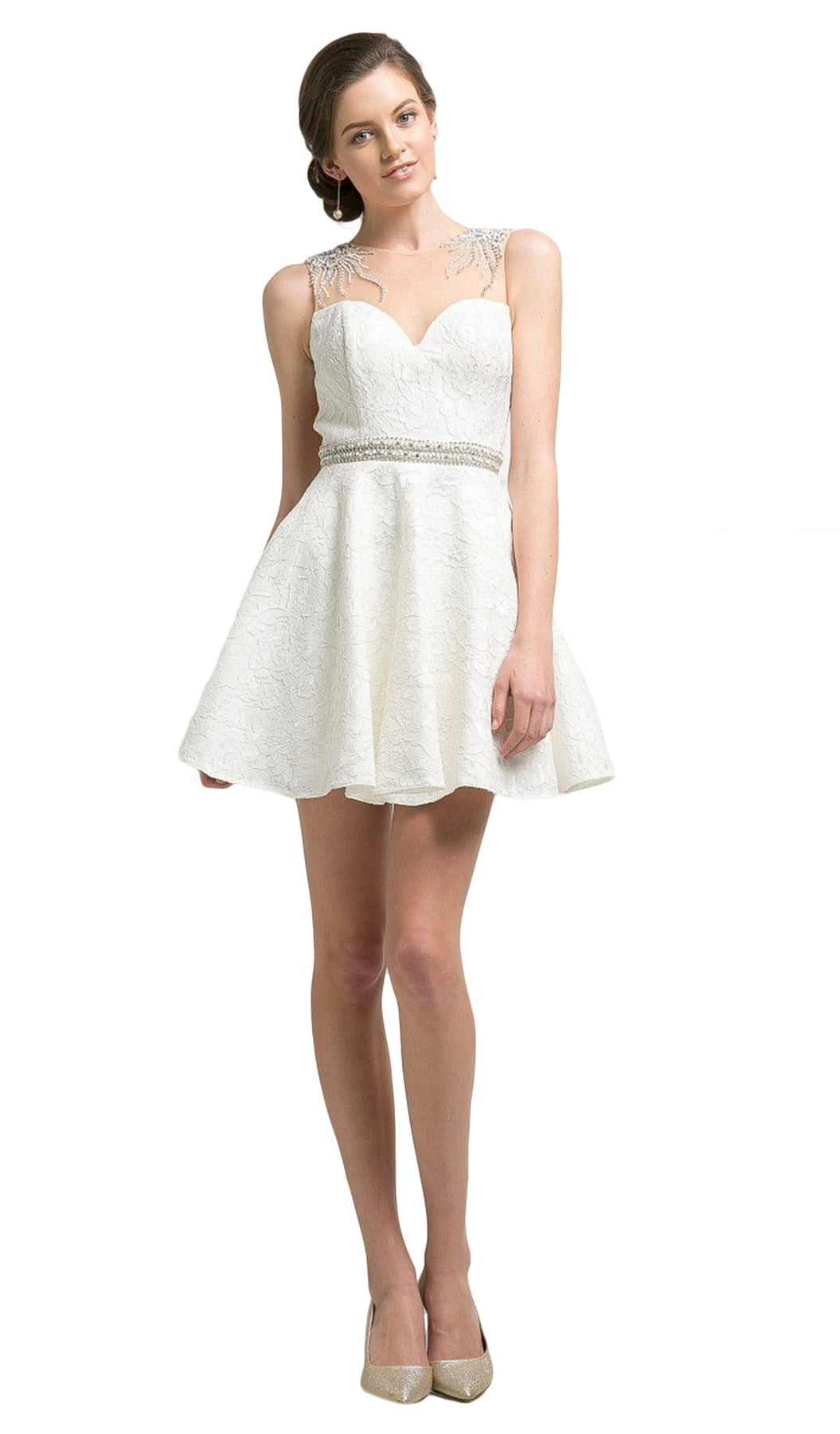 Cinderella Divine - CP817 Beaded Jacquard A-line Dress Special Occasion Dress 2 / Ivory