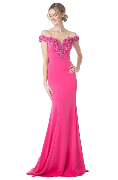 Cinderella Divine - CR735 Beaded Illusion Neck Trumpet Dress Evening Dresses 2 / Fuchsia
