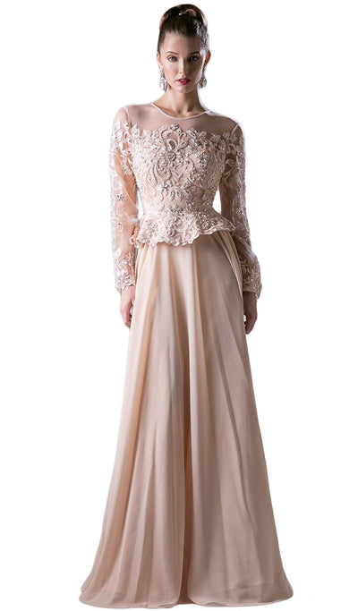 Cinderella Divine - CR772 Long Sleeve Embellished Peplum A-line Evening Gown Special Occasion Dress 2 / Champagne