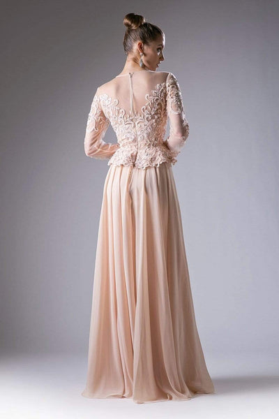 Cinderella Divine - CR772 Long Sleeve Embellished Peplum A-line Evening Gown Special Occasion Dress