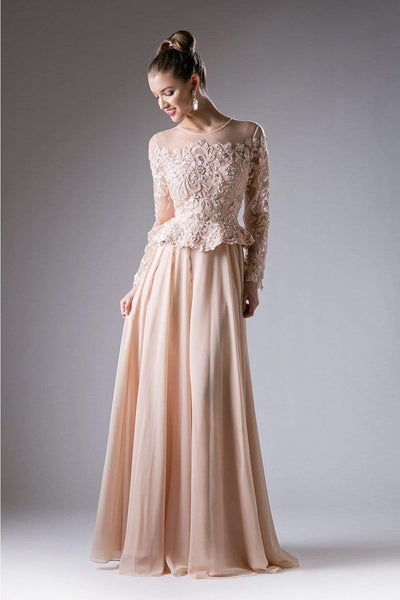 Cinderella Divine - CR772 Long Sleeve Embellished Peplum A-line Evening Gown Special Occasion Dress
