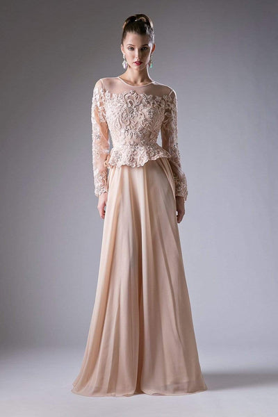 Cinderella Divine - CR772 Long Sleeve Embellished Peplum A-line Evening Gown Special Occasion Dress