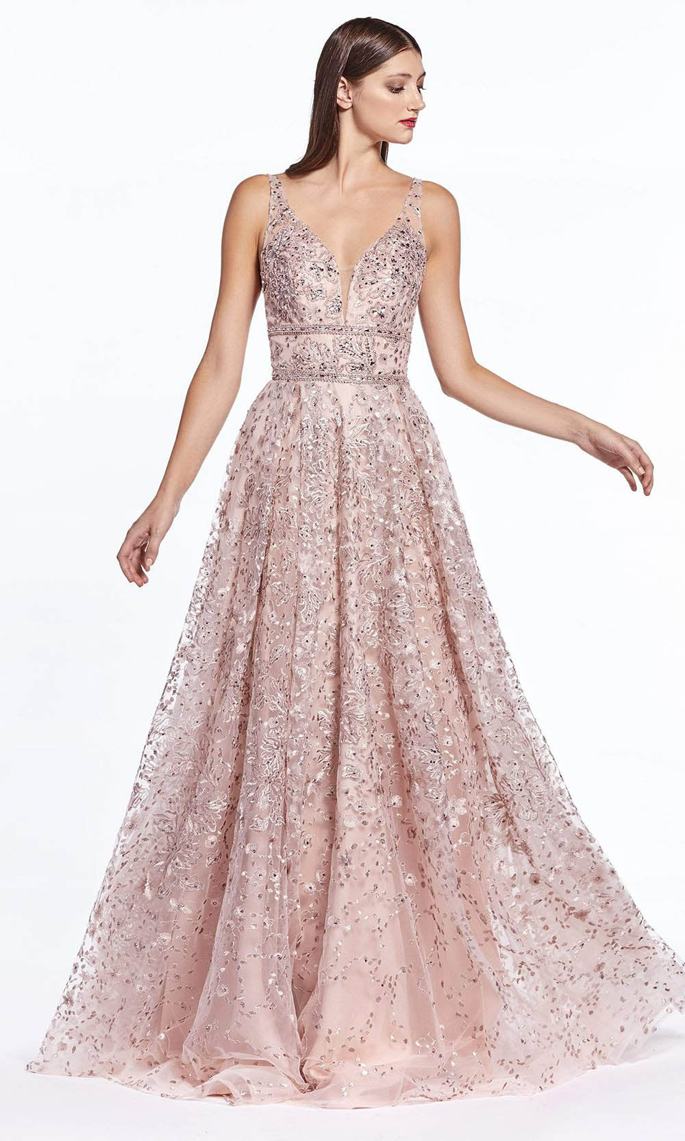 Cinderella Divine - Long Beaded A-Line Dress CR840SC In Pink