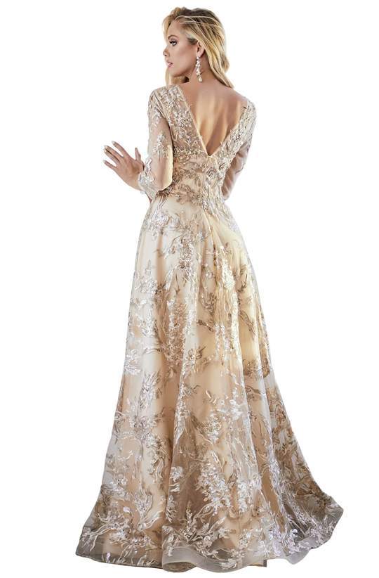 Cinderella Divine - CR855 Three-Quarter Sleeve Embellished Lace Finish Gown - 1 pc Champagne Gold In Size 10 Available CCSALE 10 / Champagne Gold