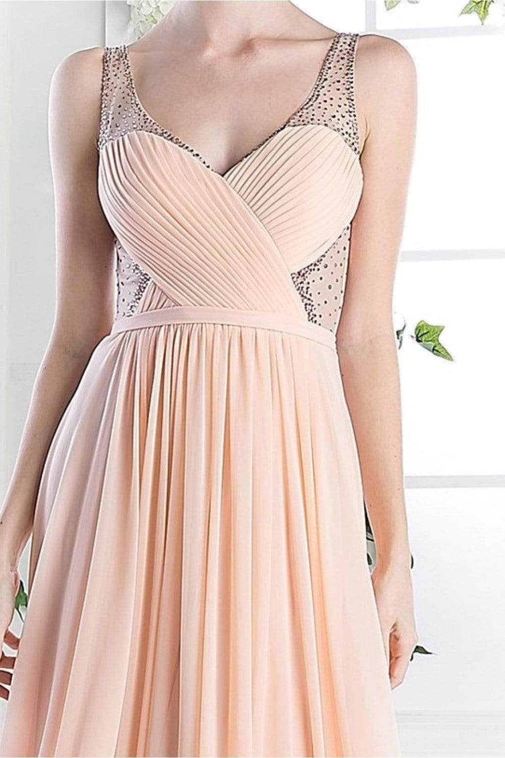 Cinderella Divine - Crisscrossed Ornate Illusion Panel Gown Special Occasion Dress 2 / Peach