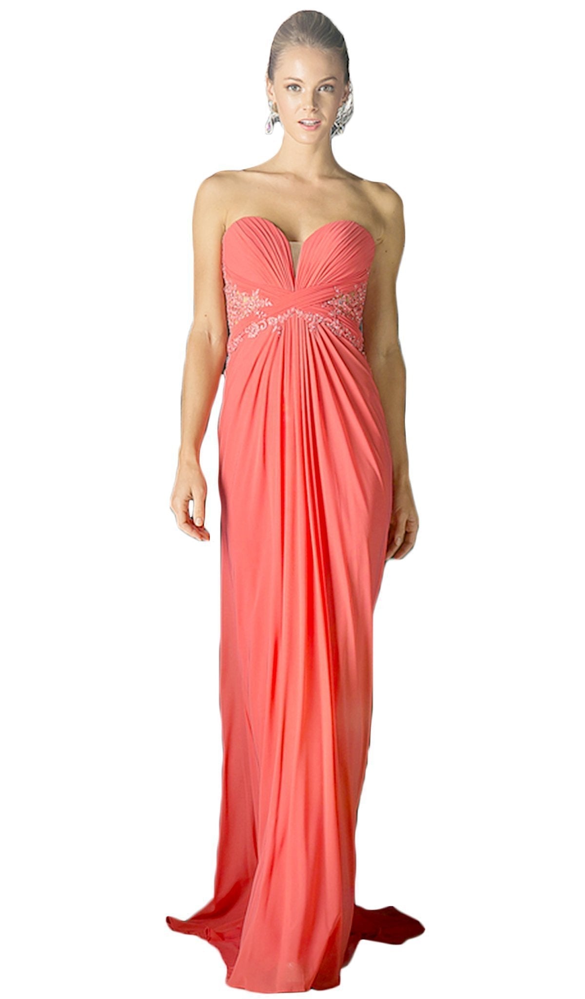 Cinderella Divine - Crisscrossed Strapless Applique Ornate Long Gown Special Occasion Dress 2 / Coral
