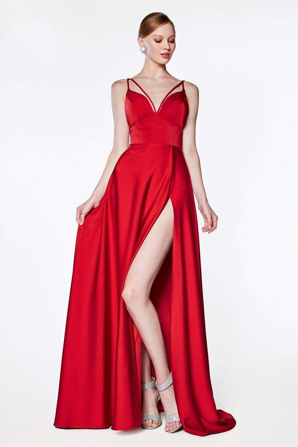 Cinderella Divine - CS034 Plunging V-neck A-line Gown With Train Bridesmaid Dresses 2 / Red