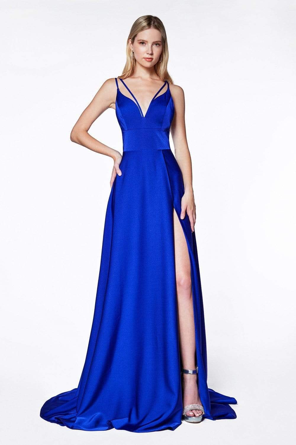 Cinderella Divine - CS034 Plunging V-neck A-line Gown With Train Bridesmaid Dresses 2 / Royal