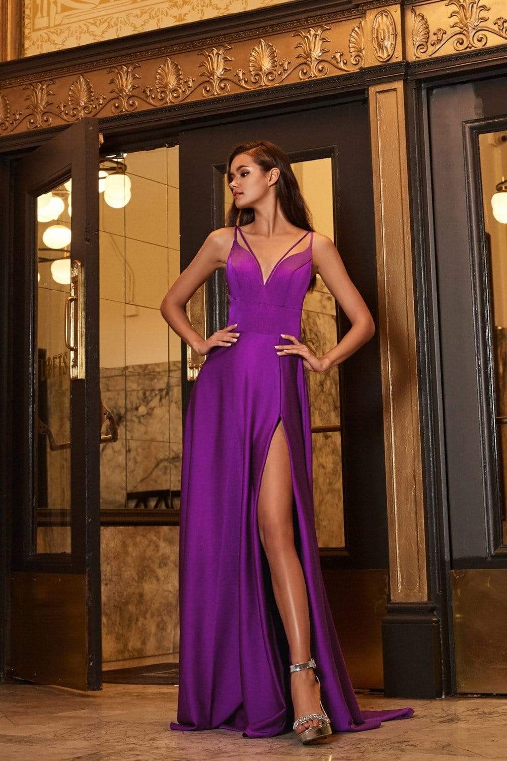 Cinderella Divine - CS034 Plunging V-neck A-line Gown With Train Bridesmaid Dresses