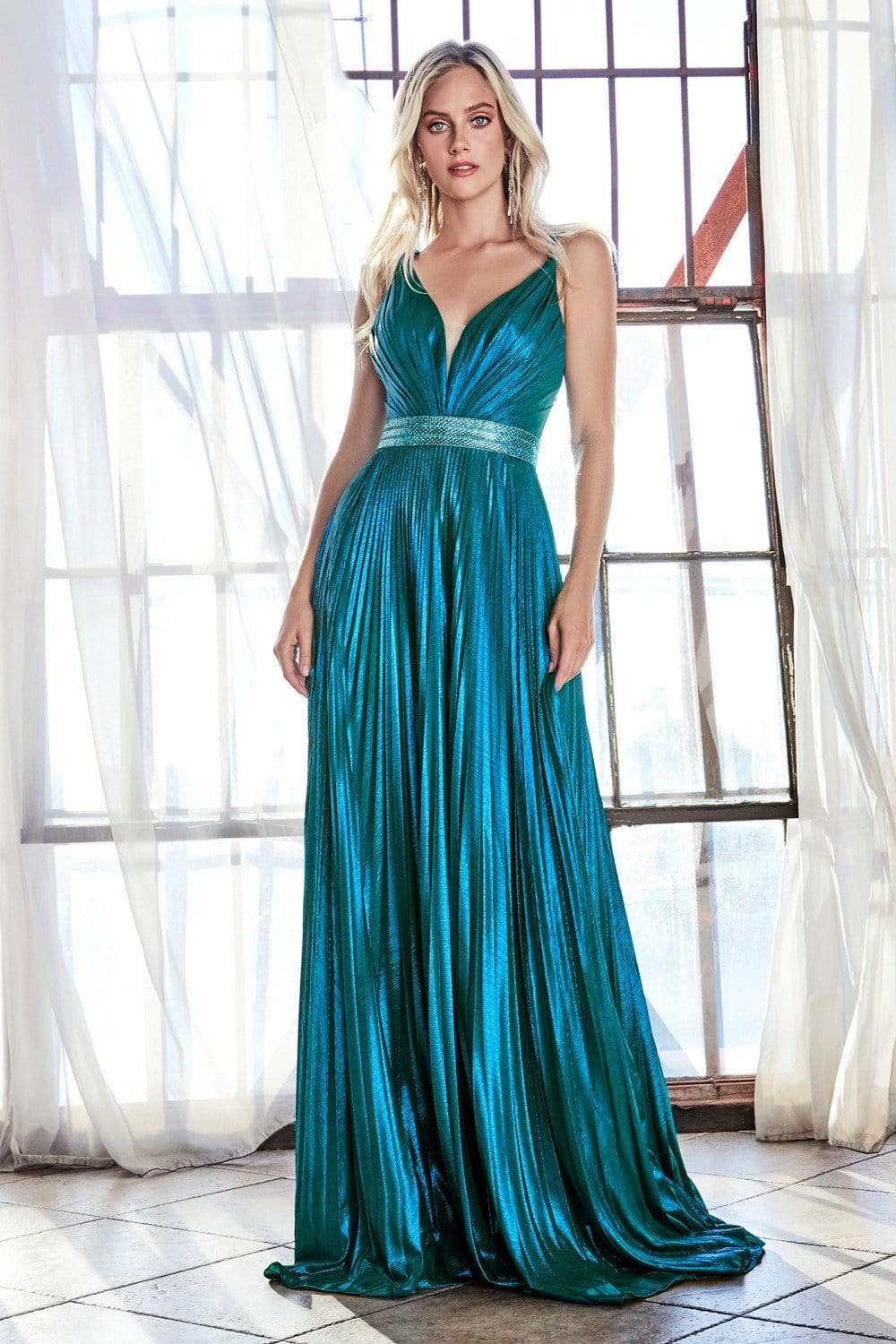 Cinderella Divine - CW230 Metallic Lame Plunging Sweetheart Gown Evening Dresses 2 / Peacock