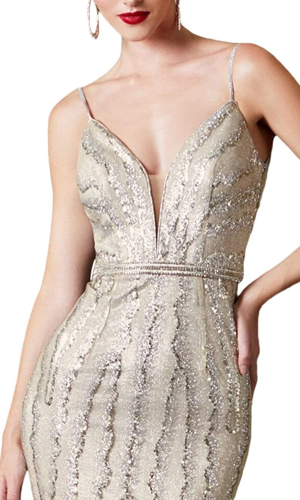 Cinderella Divine - Long Plunging Glitter Mermaid Dress CW855SC In Neutral