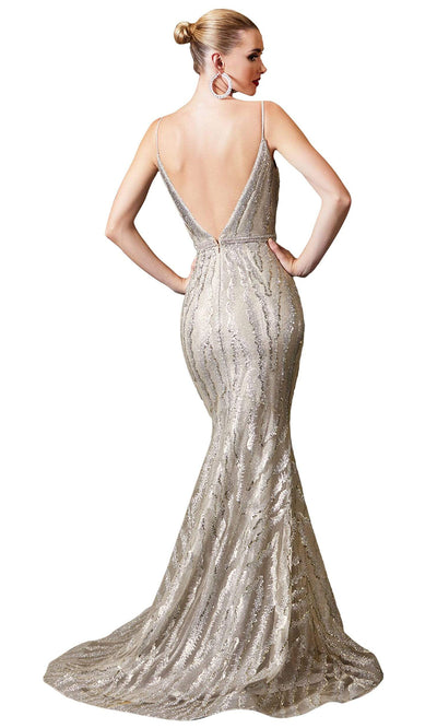 Cinderella Divine - Long Plunging Glitter Mermaid Dress CW855SC In Neutral