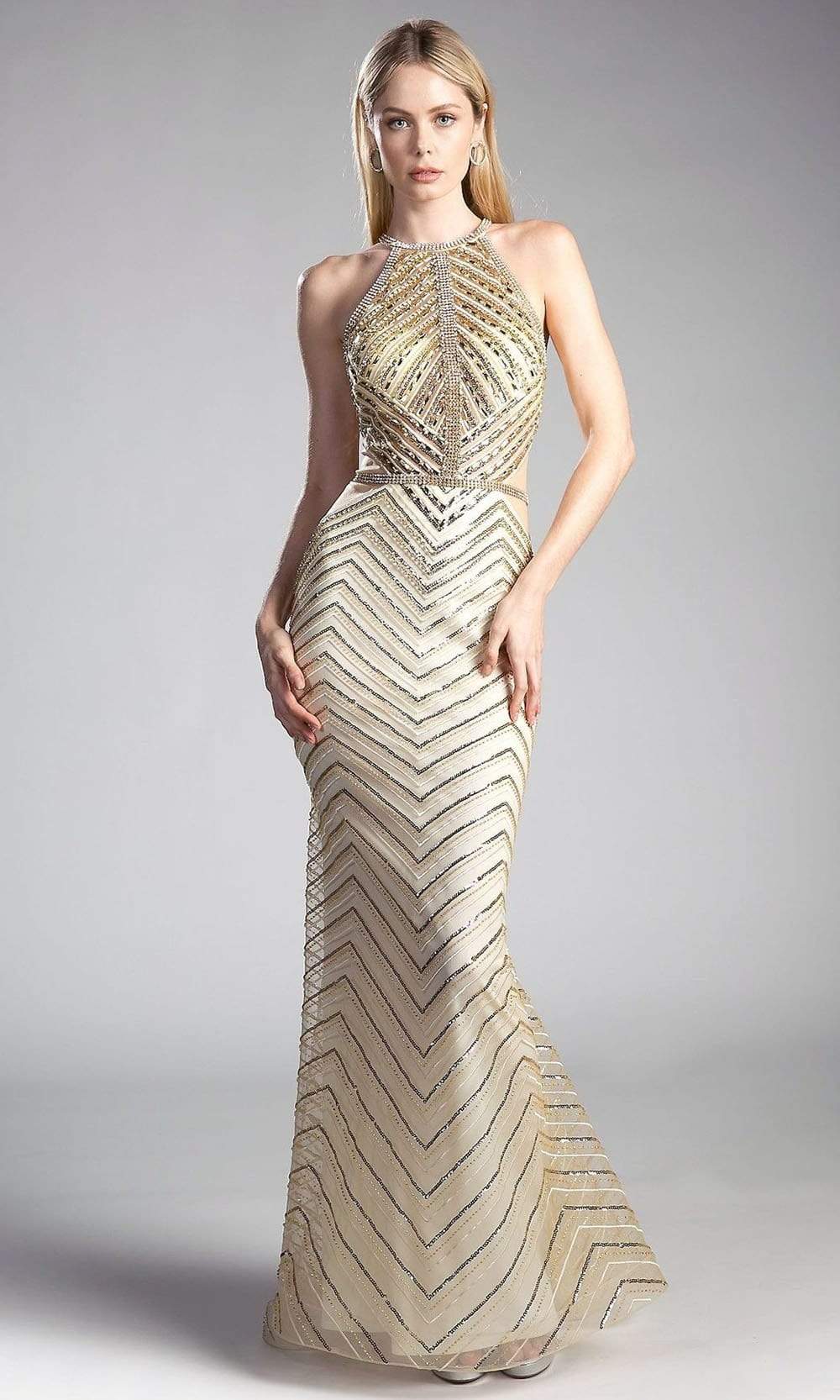 Cinderella Divine - CZ0010 Beaded Chevron Motif Long Mermaid Gown Special Occasion Dress 2 / Gold