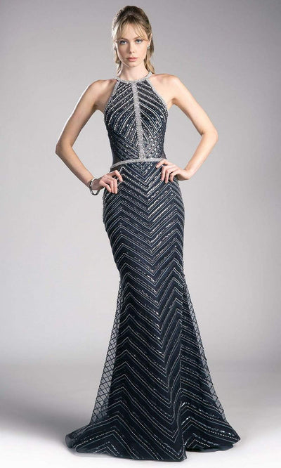 Cinderella Divine - CZ0010 Beaded Chevron Motif Long Mermaid Gown Special Occasion Dress 2 / Navy